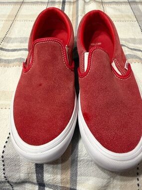 Vans Red Suede Slip-On Sneakers with White Sole